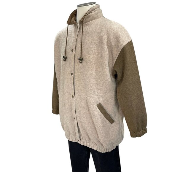 Ladies Sherpa Fleece Jacket L Tan And Olive Oversized Snap Button Coat - Picture 9 of 12